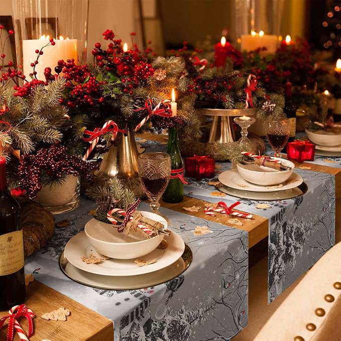 Christmas Snowman Table Runners 72 Inches Long, Cotton Linen Fabric Snowflake - Image 2