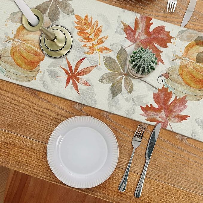 Fall Table Runner Pumpkin Maple Leaf Watercolor Vintage Table Runners Seasonal - Image 3