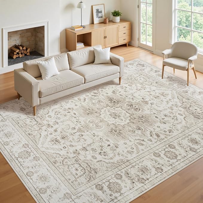 9x12 Area Rugs for Living Room:Beige Washable Vintage Medallion Carpet Non-Slip - Image 3