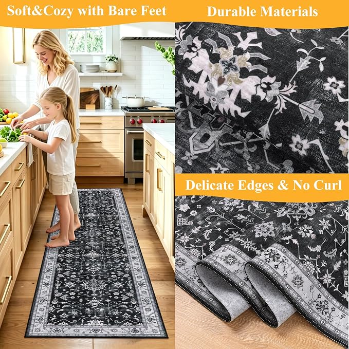 HEBE Washable Hallway Runner Rug 2'x 6' Non Slip Kitchen Rugs Runner, Low Pile - Image 5