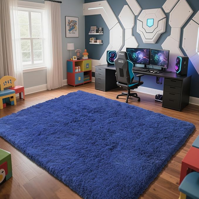 Blue Fluffy Rug Shag Area Rug, 9x12 Area Rugs - Image 2