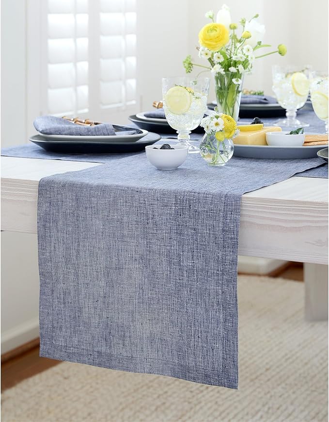 Solino Home 100% Pure Linen Table Runner Chambray Indigo, Athena 14 x 36 in | - Image 2