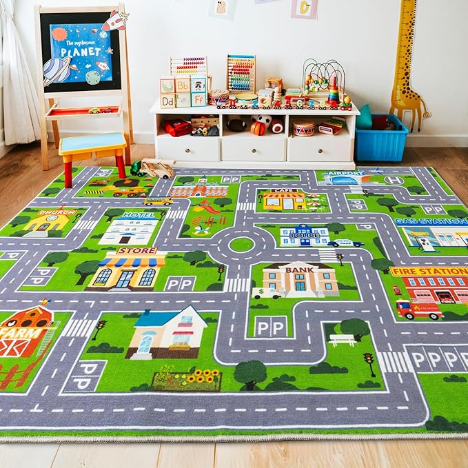 Car Rug Play Mat for Kids Toy Cars, City Road Traffic Playmat for Kid Bedroom by PlumlikHomeDecor