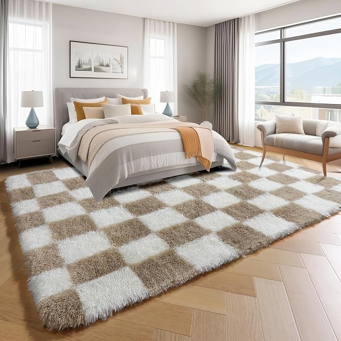 KICMOR Rugs for Living Room, 5x8 Fluffy Soft Beige and Cream White Checkered - Image 3