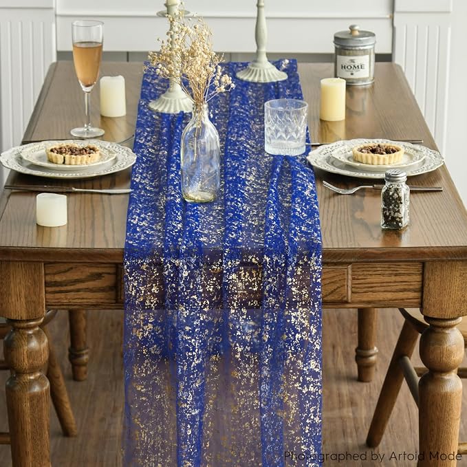 Artoid Mode Blue Gold Gauze Table Runner 120 Inch 10FT, Glitter Metallic Foil - Image 2