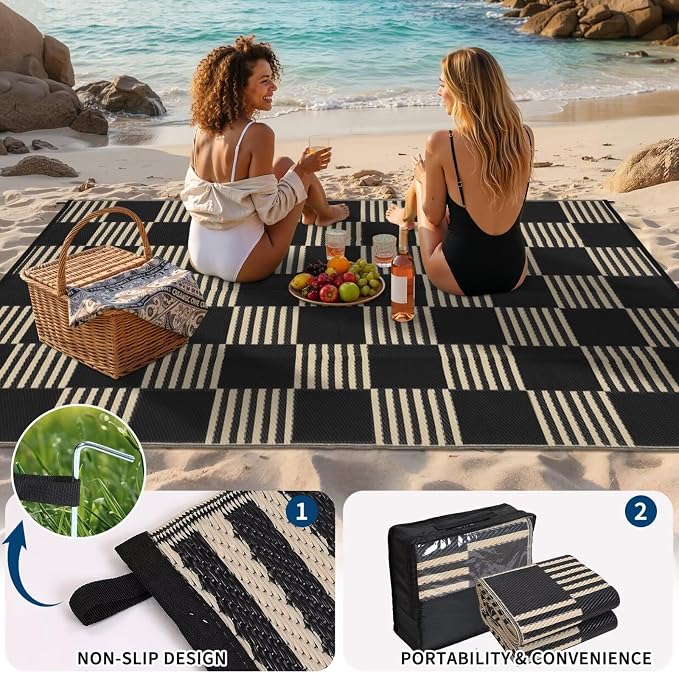 Garvee Waterproof Outdoor Rug 10x14, Checkered Foldable Plastic Straw Patio - Image 2