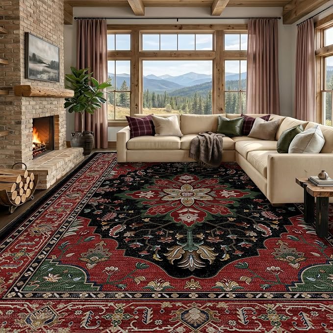 RELEANY Area Rugs Large 10'x12' Washable Non-Slip, Floral Vintage Distress by RELEANY