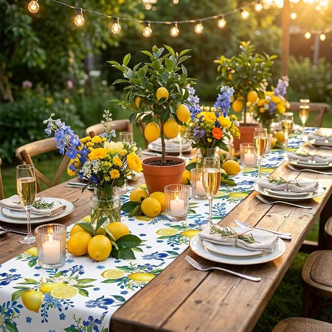 Lemon and Blue Floral Table Runner, 48 x 13 inches | Linen Texture Fabric - Image 3