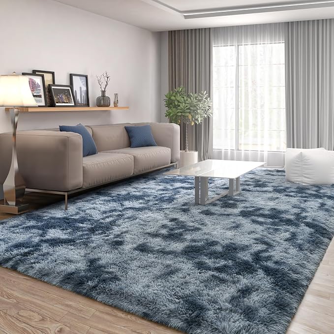 FlyDOIT Large Area Rugs for Living Room, 4x6 Feet Tie-Dyed Blue Grey Shaggy Rug - Image 2