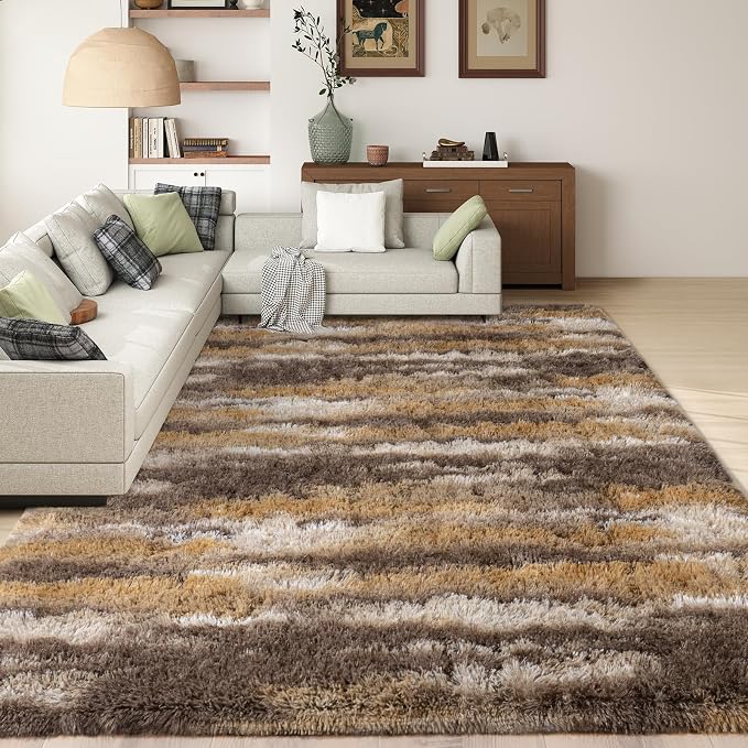 Shag Rugs for Living Room 8x10, Ultra Soft Abstract Brown Big Fuzzy Rugs for by Ailyei