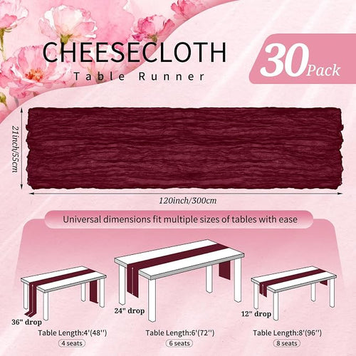 30 Pack Cheesecloth Table Runner 10FT Burgundy Red Table Runner Boho Gauze - Image 2