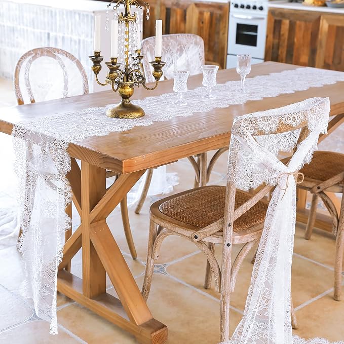 2 Pcs White Lace Table Runner 14 x 120 Inch Vintage Rustic Table Runner - Image 2