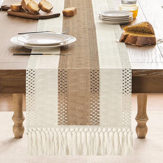 Macrame Style Bicolor Stitching Table Runner 14x36in Brown | Woven Boho Table - Image 2