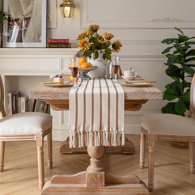 Caflife Boho Table Runner 108 Inchs Long Brown and Beige, Cotton and Linen Woven - Image 7