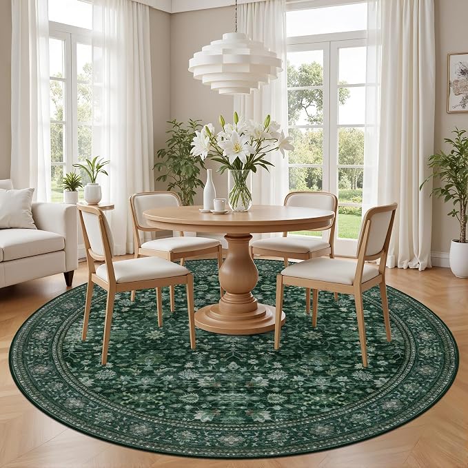 Round Area Rug for Living Room: 8 ft Washable Vintage Boho Soft Thin Circle Rug - Image 3