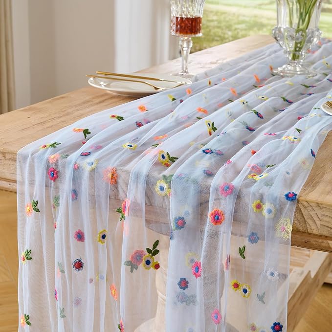 BINBE 6pcs Daisy Spring Table Runner Embroidery Gauze 10FT Florals Seasonal by BINBE
