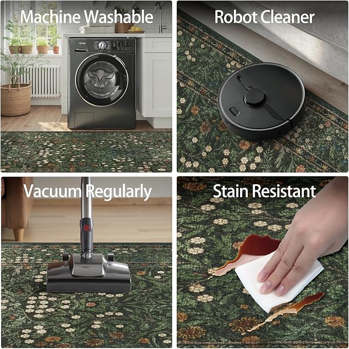 DCX Green Area Rug 9x12, Machine Washable Non Slip Stain Resistant Soft Vintage - Image 2