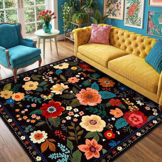 RELEANY Floral Square 5ft Area Rugs Washable Print Boho Cute Carpet Non Slip - Image 9