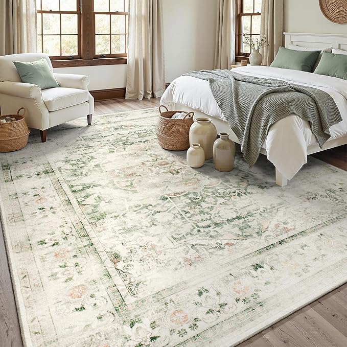 DCX 8x10 Green Rug, Machine Washable Stain Resistant Distressed Vintage Rug - Image 2