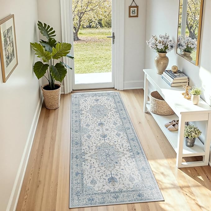 RELEANY Area Rugs Runner 2'6"x8' Washable Non-Slip, Floral Vintage Distress by RELEANY