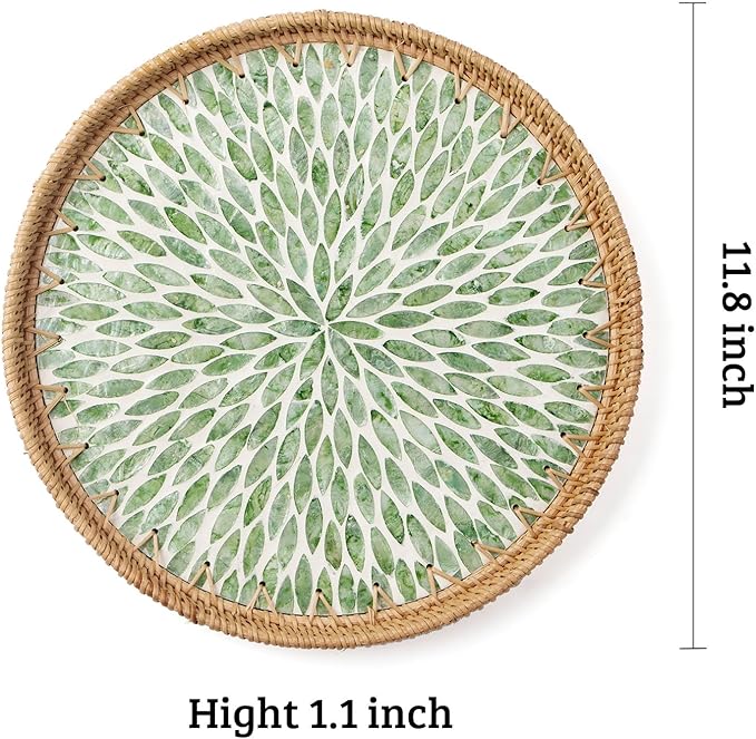 Round Rattan Tray with Mother of Pearl Inlay, Wooden Base | Coffee Table - Image 3