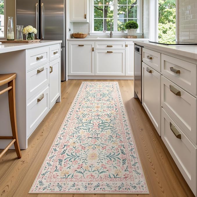 Wonnitar Floral Washable Runner Rug, Boho Non Slip Soft 8ft Long Carpet - Image 6
