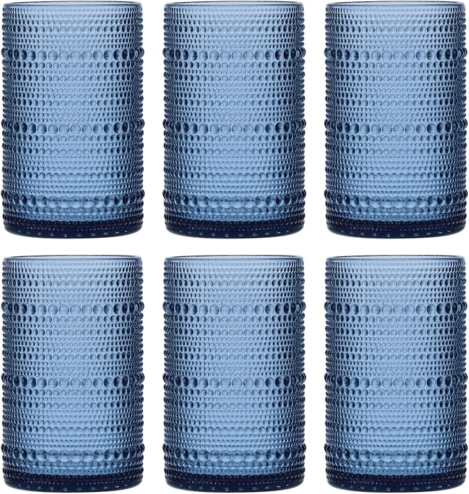 Moretoes 15oz Blue Vintage Hobnail Drinking Glasses Set of 6 | Highball Glass by Moretoes