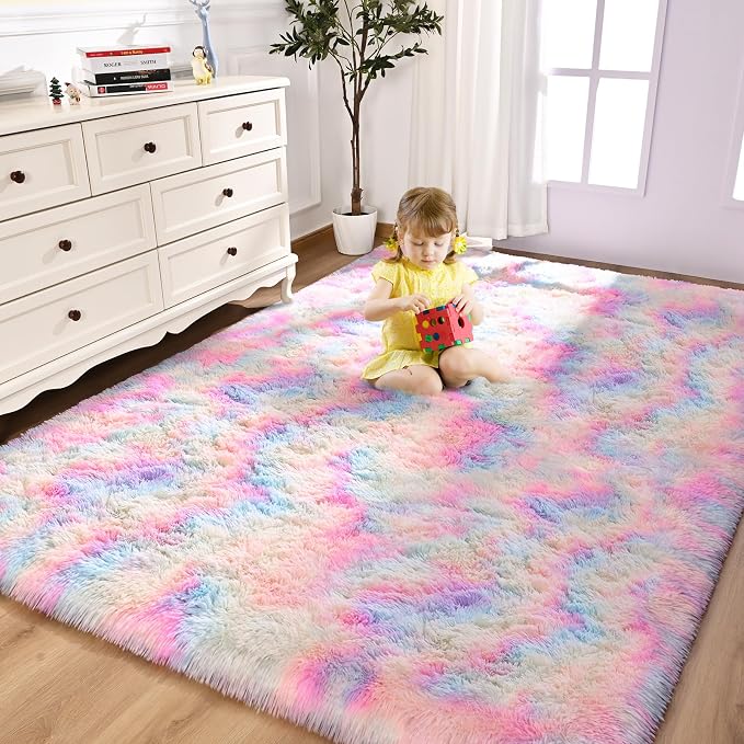 FlyDOIT Large Area Rugs for Living Room, 5x8 Feet Tie-Dyed Rainbow Shaggy Rug by FlyDOIT