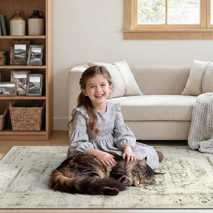 DCX 9x12 Green Rug, Machine Washable Stain Resistant Distressed Vintage Rug - Image 4