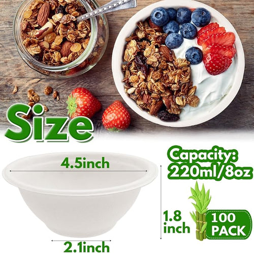100 Pack 8 oz Disposable Paper Bowls, Heavy-Duty Compostable Bagasse Bowls | - Image 2