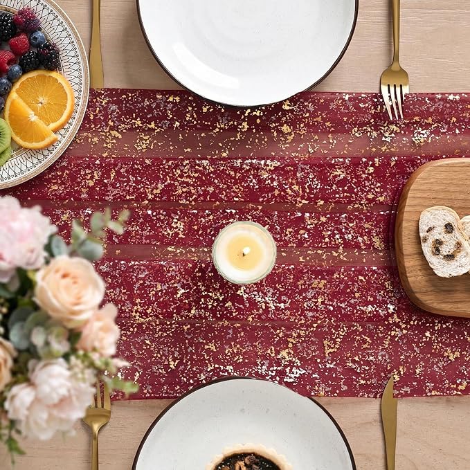 Artoid Mode 10Pcs Burgundy Gauze Gold Table Runner 10FT, Glitter Metallic Foil - Image 3