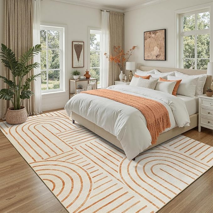 DCX Beige Machine Washable 8x10 Area Rugs, Midcentury Modern Non Slip Stain - Image 3
