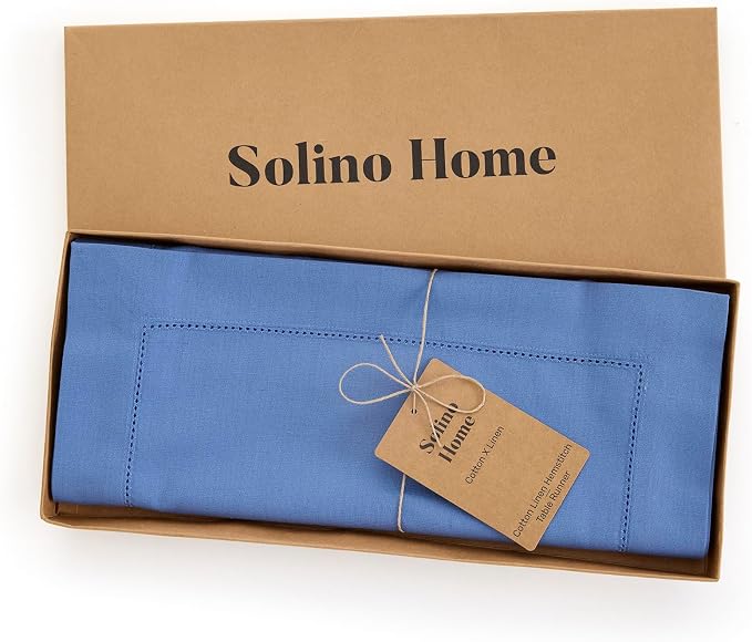 Solino Home Cotton Linen Table Runner Blue, Hemstitch Collection 14 x 60 in | - Image 5