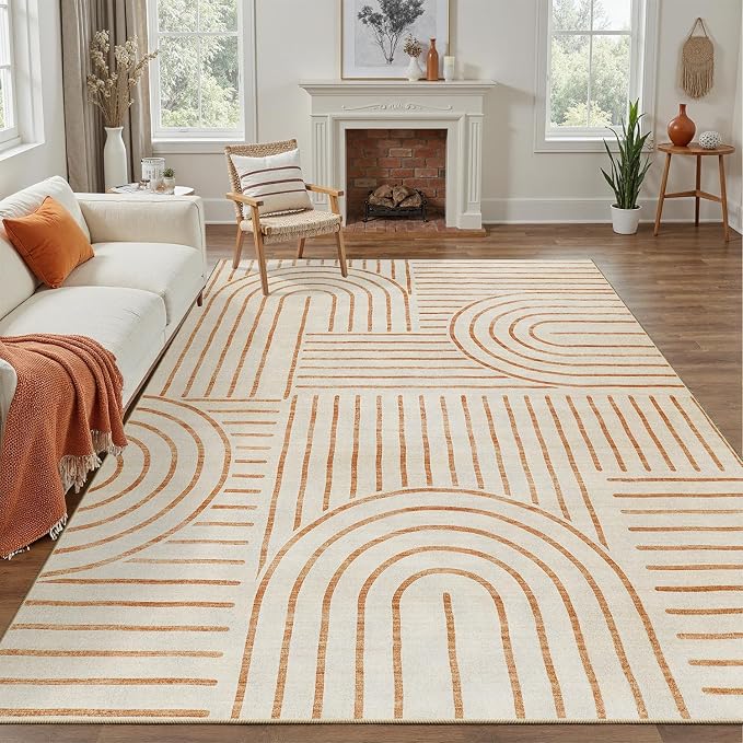DCX Beige Machine Washable 8x10 Area Rugs, Midcentury Modern Non Slip Stain - Image 5
