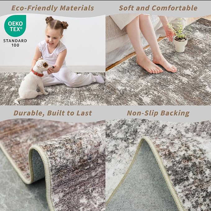 5x7 Washable Living Room Rug – Modern Neutral Abstract Area Rug - Image 4