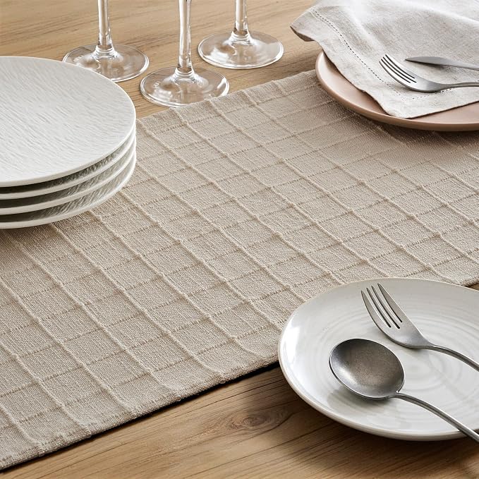 Artisanal Grid Linen Table Runner, 13x36 Inches Neutral Beige | Heavy Textured - Image 6