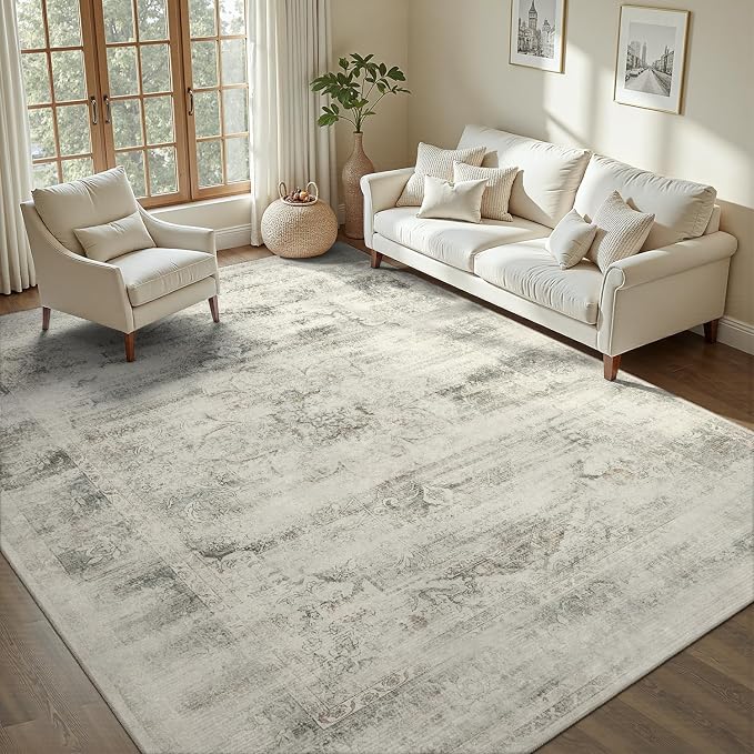 DCX 6x9 Beige Rug, Machine Washable Stain Resistant Distressed Vintage Rug by DCXWashableRug