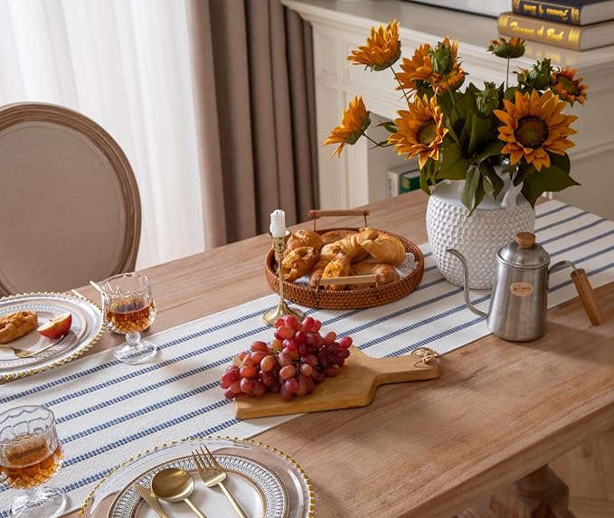 Caflife Boho Table Runner 60 Inchs Long Blue and Beige, Cotton and Linen Woven - Image 5
