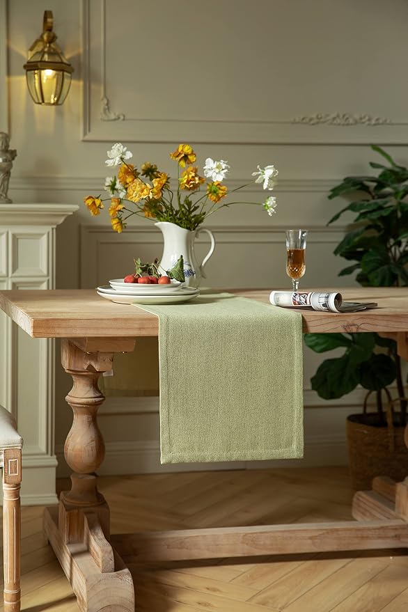 Burlap Style Farmhouse Table Runner, 14x48 Inches Light Sage Green | Thick - Image 3