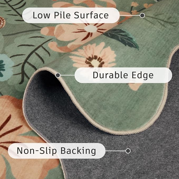 DCX Vintage Floral Rug 5x7, Washable Sage Green Rug - Image 7