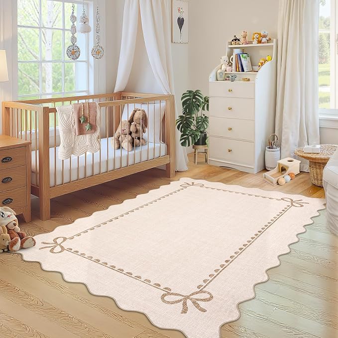 GarveeHome Scalloped Bow Rug for Living Room, Solid Beige Rug for Dorm - Image 4