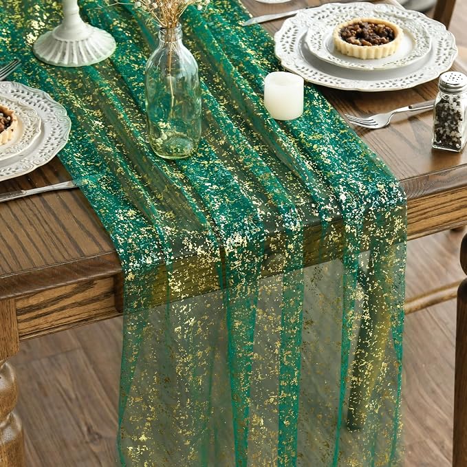 Artoid Mode Green Gold Gauze Table Runner 120 Inch 10FT, Glitter Metallic Foil by ArtoidMode