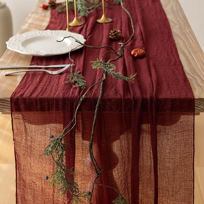 10Pcs Burgundy Cheesecloth Table Runner 120 Inches - Image 3