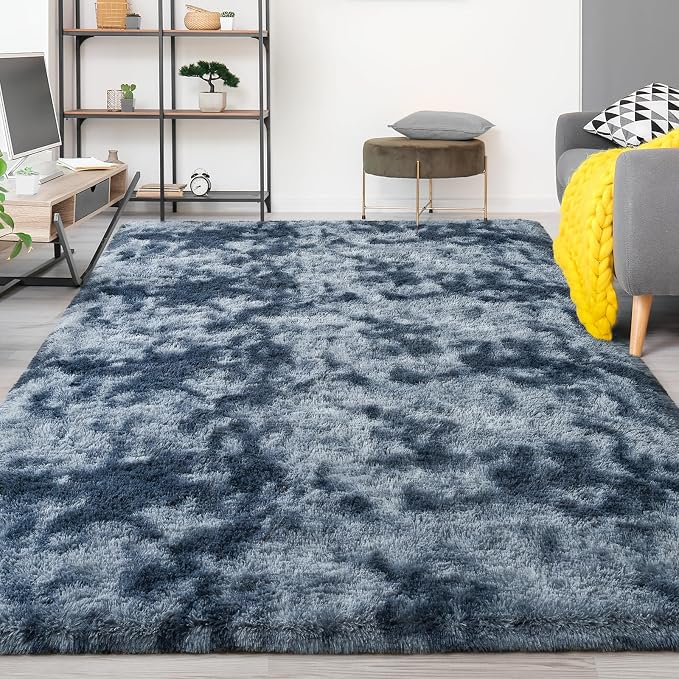 FlyDOIT Large Area Rugs for Living Room, 4x6 Feet Tie-Dyed Blue Grey Shaggy Rug - Image 9