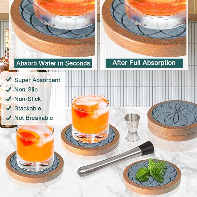 5 Pack Wood Coasters for Drinks, Minacun Absorbent Coaster Set, Drinks Coasters - Image 2