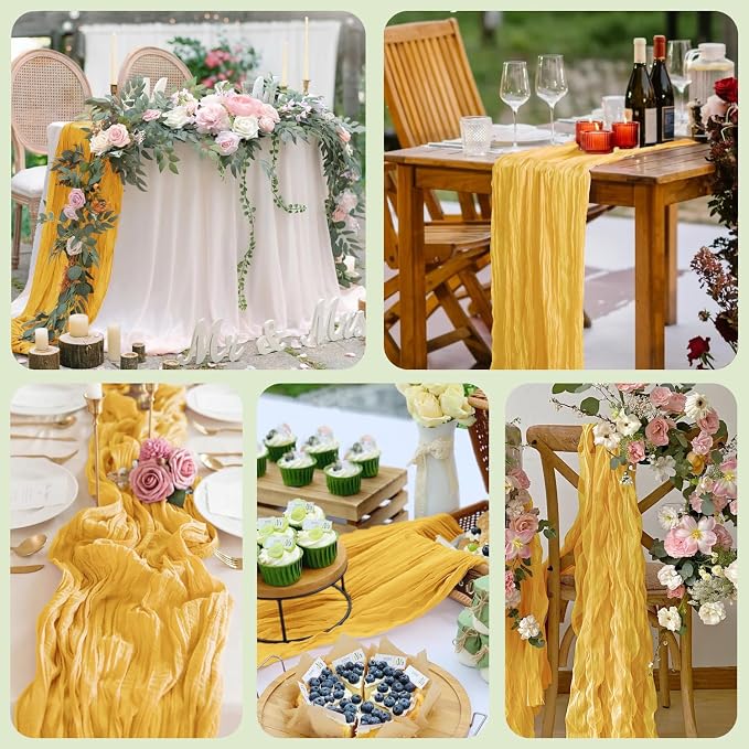 Cheesecloth Table Runner 10FT 3Pcs Gold Boho Gauze Rustic Sheer Runners | - Image 7