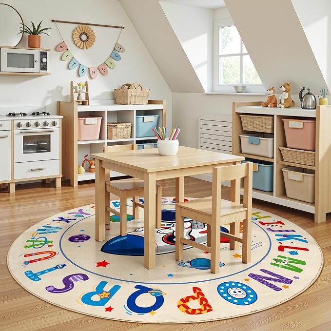 Washable Alphabet ABC Round Rug 3.14ft, Kids Astronaut Space Circle Carpet - Image 8