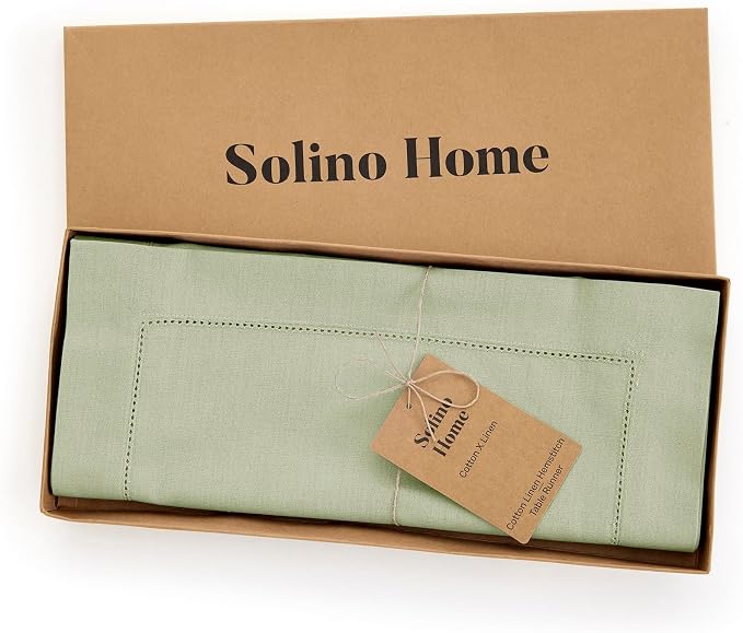 Solino Home Cotton Linen Table Runner Sage, Hemstitch Collection 14 x 48 in | - Image 5