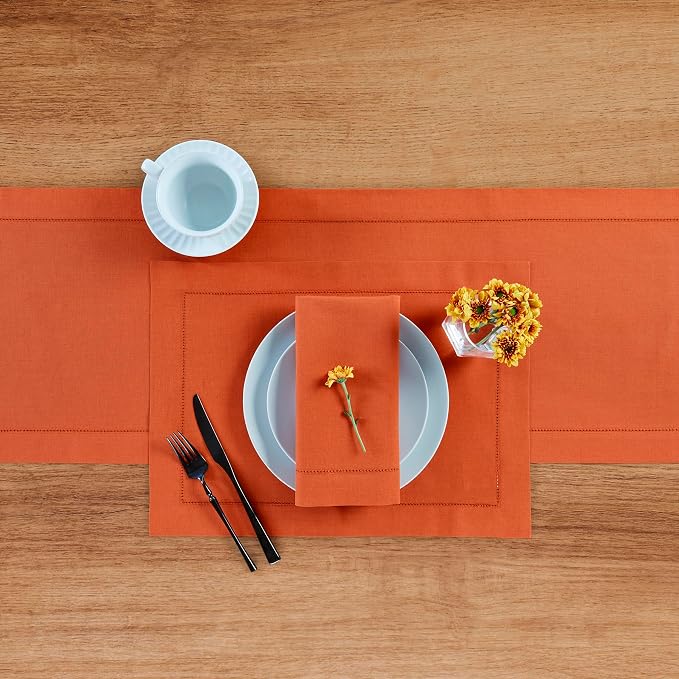 Solino Home Cotton Linen Table Runner Burnt Orange Hemstitch, 14 x 36 in | - Image 4