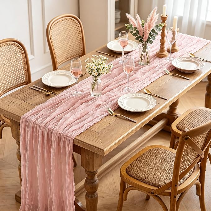 3Pcs Pink Cheesecloth Table Runner, 10FT Dusty Pink Boho Gauze Table Runner - Image 2